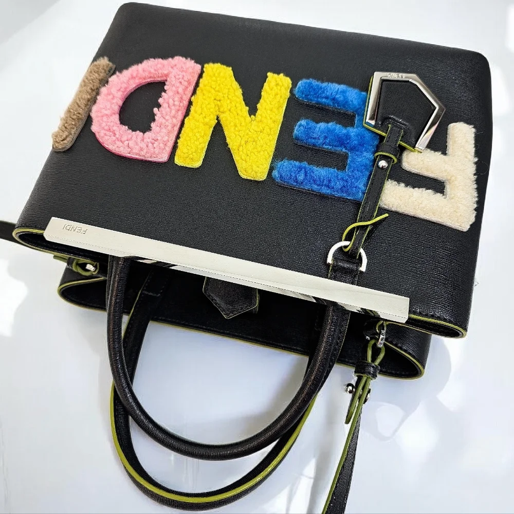 Fendi 2Jours Black Leather Tote Crossbody Bag Multicolor Shearling Logo - Picture 7 of 16